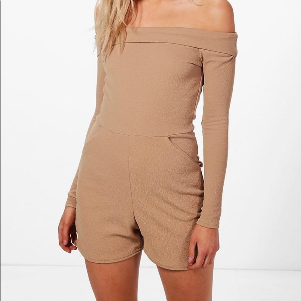 Boohoo petite long sleeve off the shoulder romper